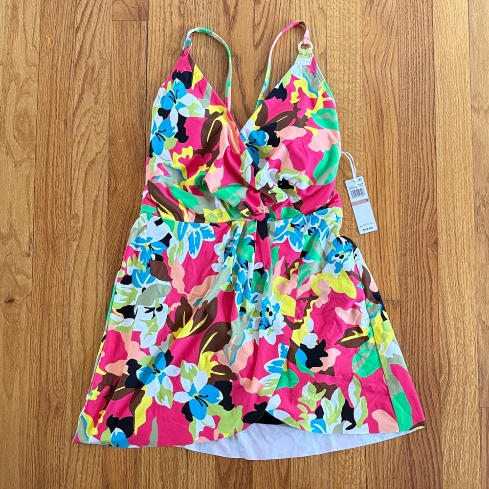 Anne Cole Floral Swim Dress One Piece Size 12 Pink Built In Bra Suit NWT